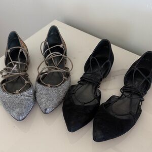 2 pairs, Stuart Whitman Lace by-Up Pointed Toe Flats - Black and Silver. 8.5
